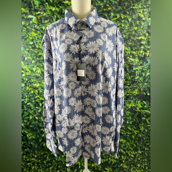 Barabas Size:3XL  Mens Long Sleeve Shirt Blue Floral Pattern Button Front - Picture 5 of 16